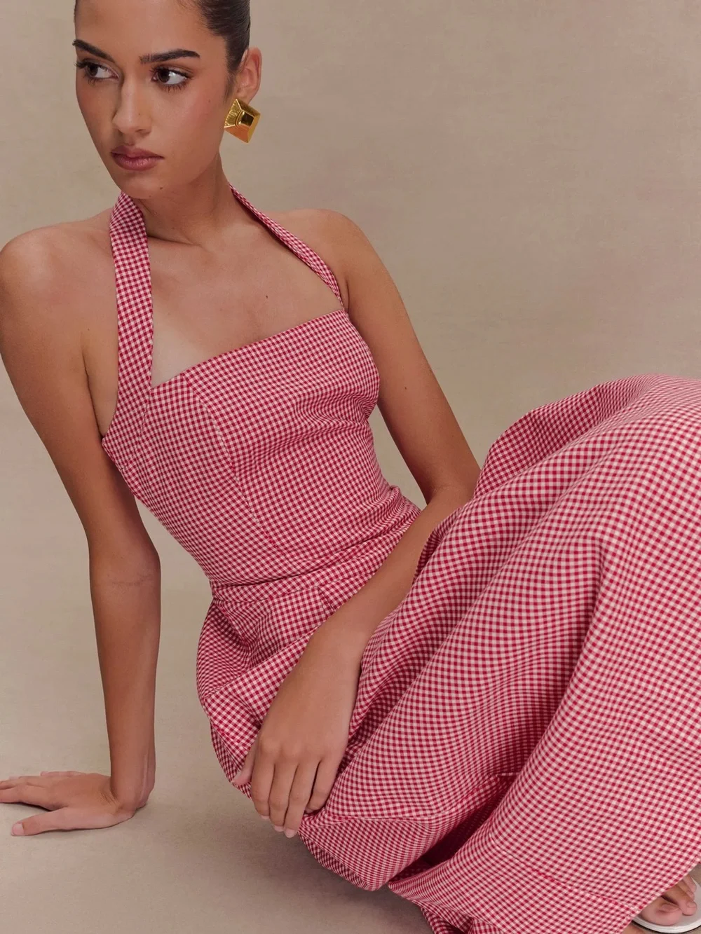 Meshki Juana Halter Midi Dress in Red Gingham